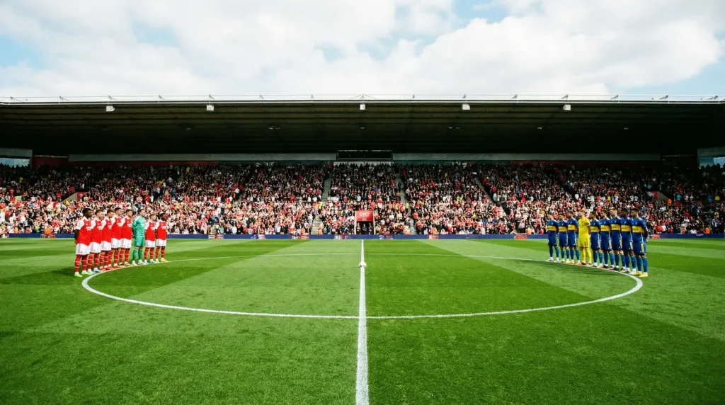 Dos equipos de fútbol enfrentados en el centro del campo antes del saque inicial de un partido de la Ligue 1