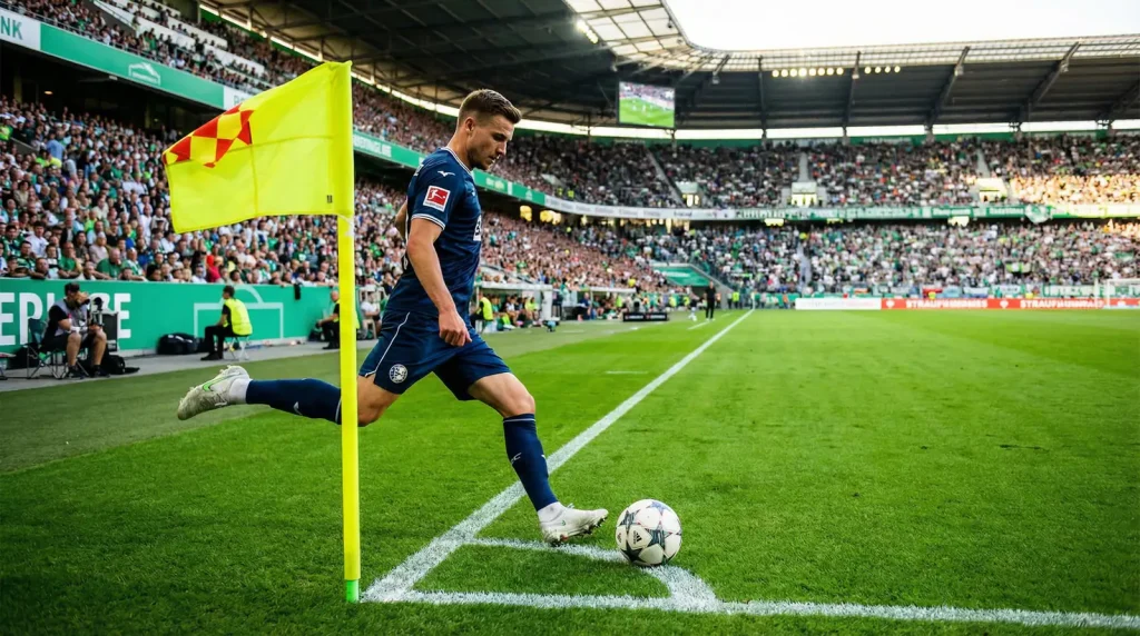 Jugador ejecutando un saque de esquina en un partido de la Ligue 1 con la bandera de córner visible