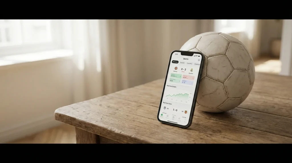 Smartphone mostrando una interfaz deportiva sobre una mesa junto a un balón de fútbol