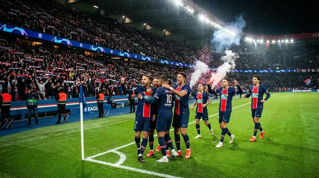 Jugadores del PSG celebrando un gol en el Parc des Princes durante un partido de la Ligue 1