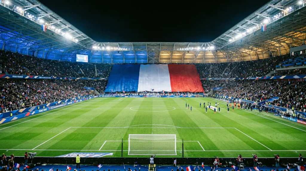 Estadio de fútbol francés iluminado de noche con la bandera francesa visible en las gradas