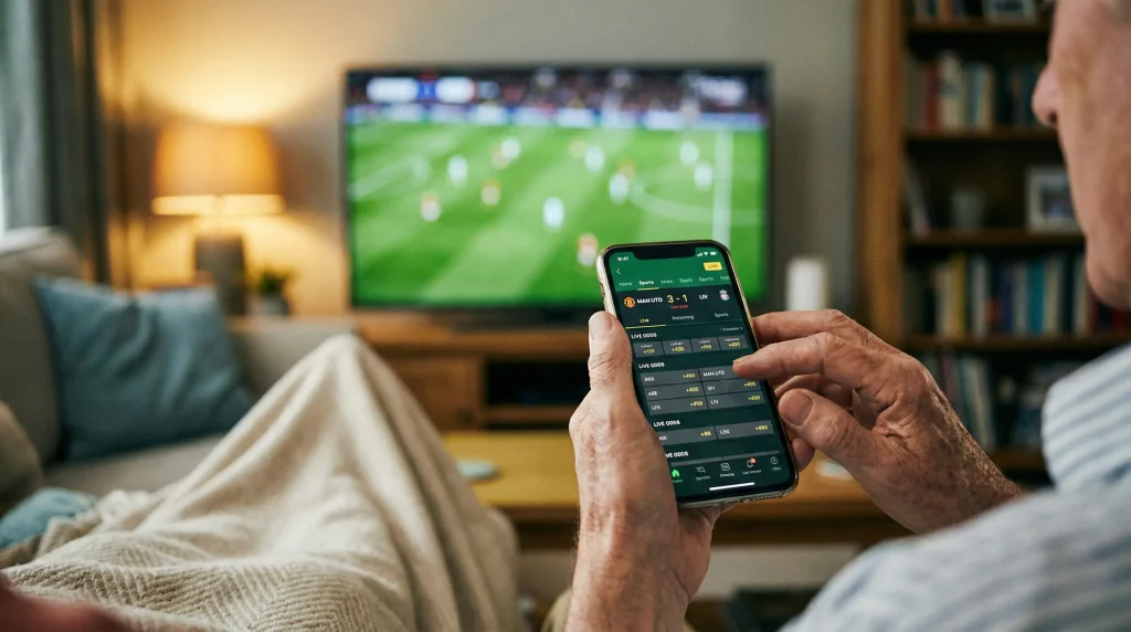 Persona usando un smartphone para consultar cuotas de fútbol con un partido de fondo en televisión