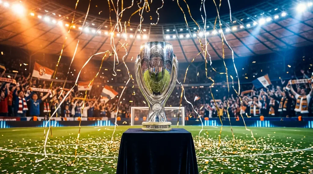 Trofeo de campeón de la Ligue 1 sobre un pedestal con confeti cayendo en un estadio de fútbol
