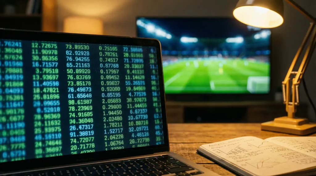 Pantalla de estadísticas de la Ligue 1 junto a un campo de fútbol francés bajo focos nocturnos
