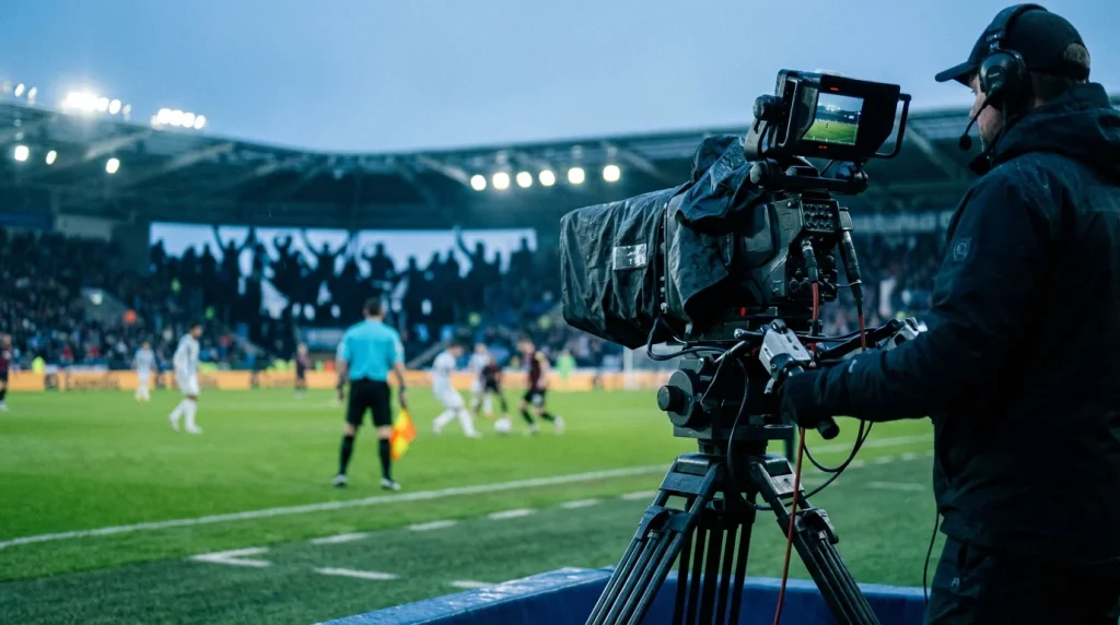 Cámara de televisión profesional enfocando un partido de fútbol desde la banda de un estadio