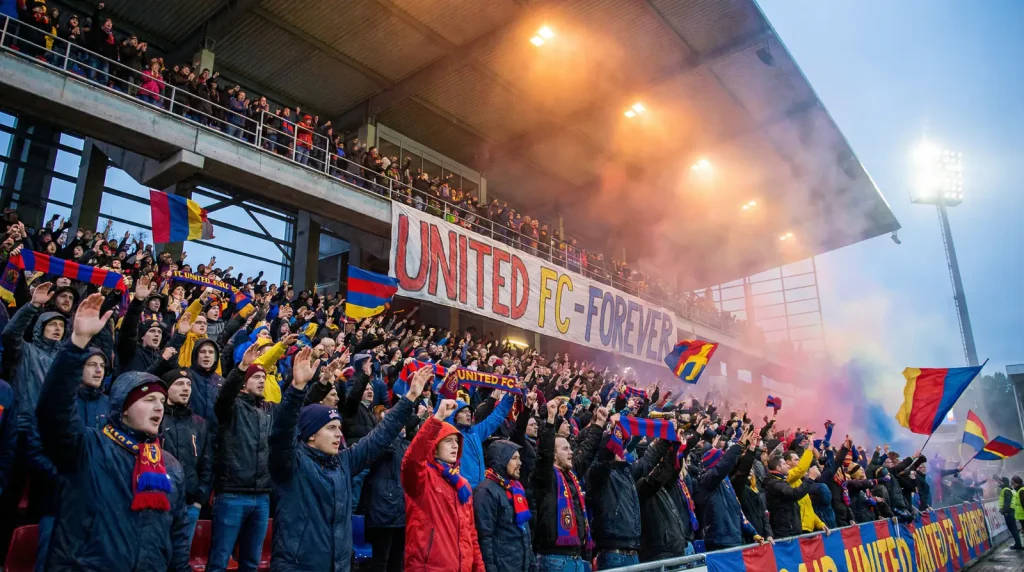 Aficionados animando en las gradas de un estadio de la Ligue 1 con bufandas y banderas