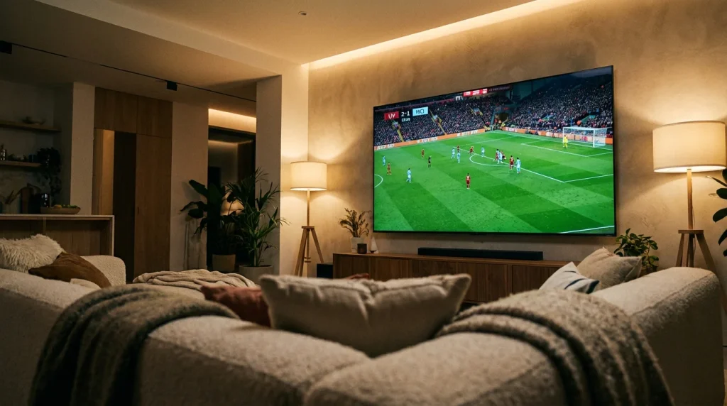 Televisor de pantalla grande mostrando un partido de fútbol de la Ligue 1 en un salón