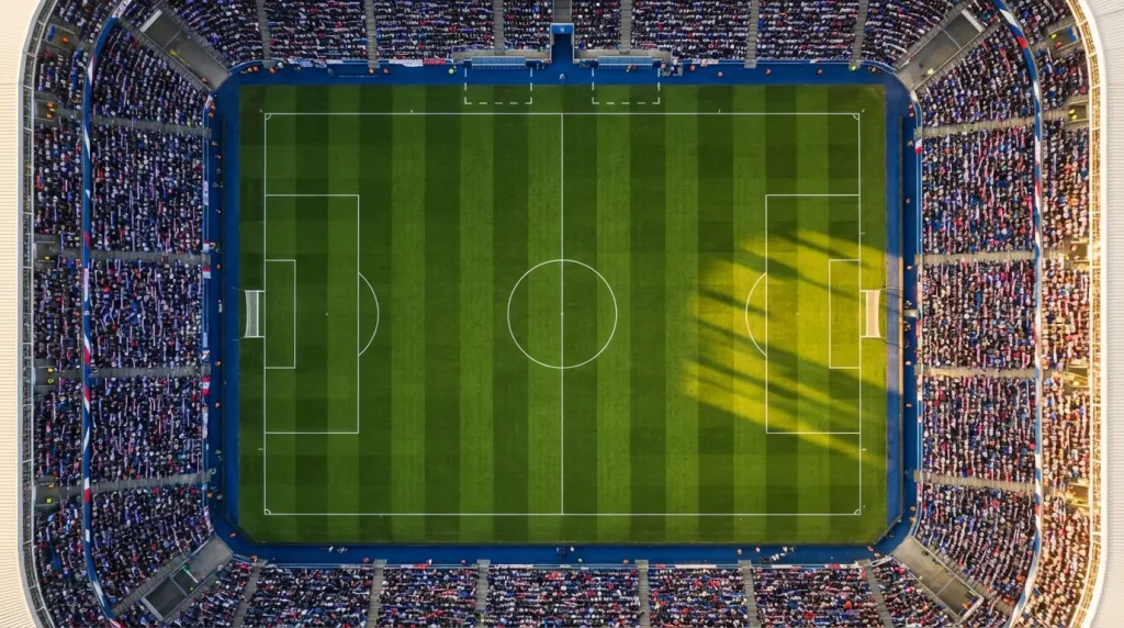 Vista aérea de un estadio de la Ligue 1 lleno de aficionados con datos estadísticos superpuestos