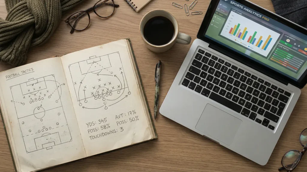 Cuaderno con notas y estadísticas de fútbol junto a un portátil mostrando datos deportivos