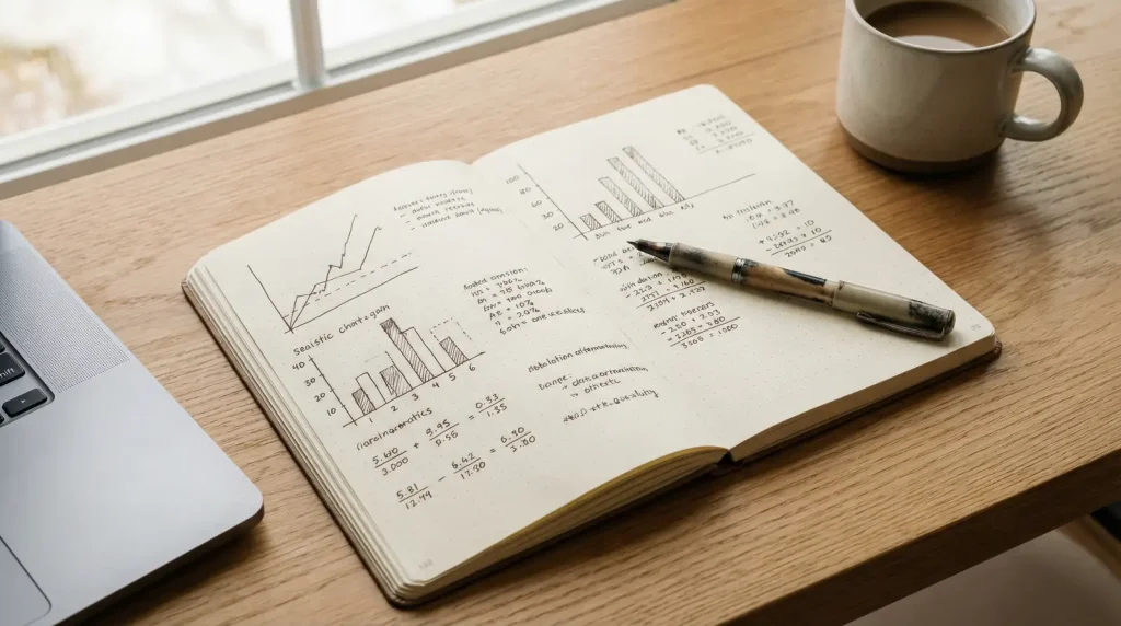 Cuaderno abierto con gráficos y cálculos escritos a mano sobre una mesa de trabajo ordenada