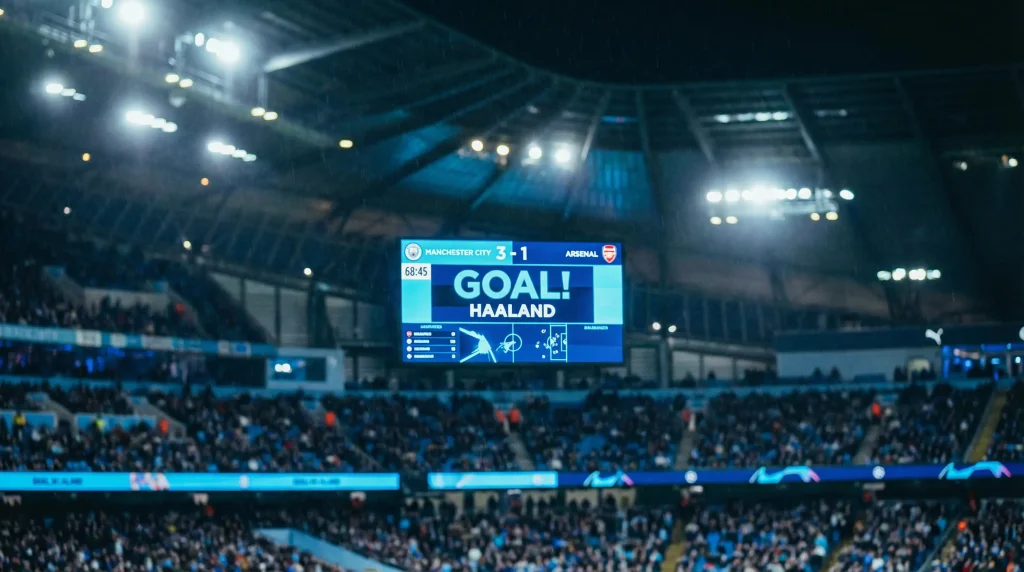 Marcador electrónico de un estadio de fútbol mostrando el resultado de un partido de la Ligue 1