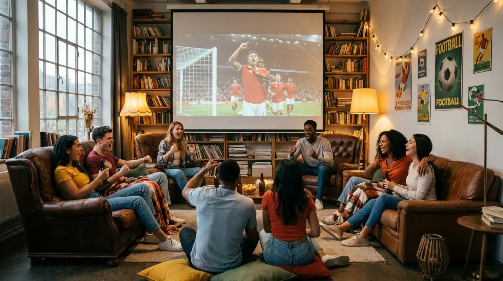 Grupo de jóvenes viendo un partido de fútbol juntos en una pantalla grande