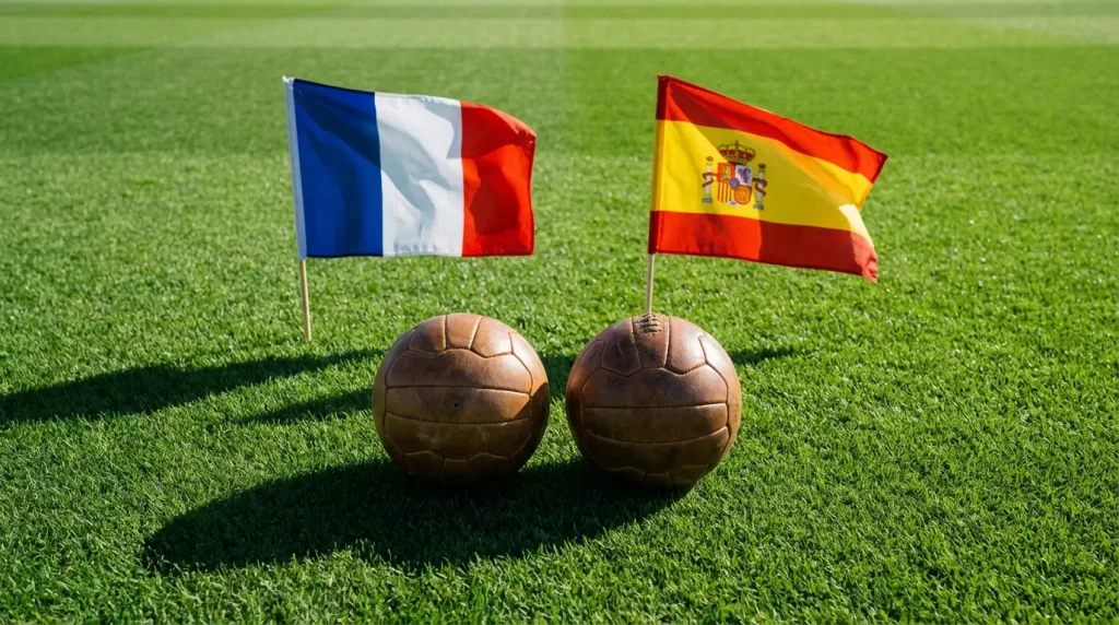 Dos balones de fútbol sobre césped con las banderas de Francia y España de fondo