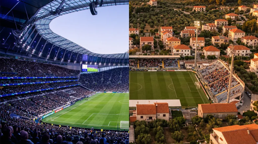 Dos estadios de fútbol en miniatura representando las sedes de Lyon y Mónaco