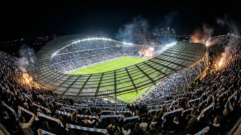 Panorámica del estadio Vélodrome de Marsella lleno de aficionados durante un partido nocturno