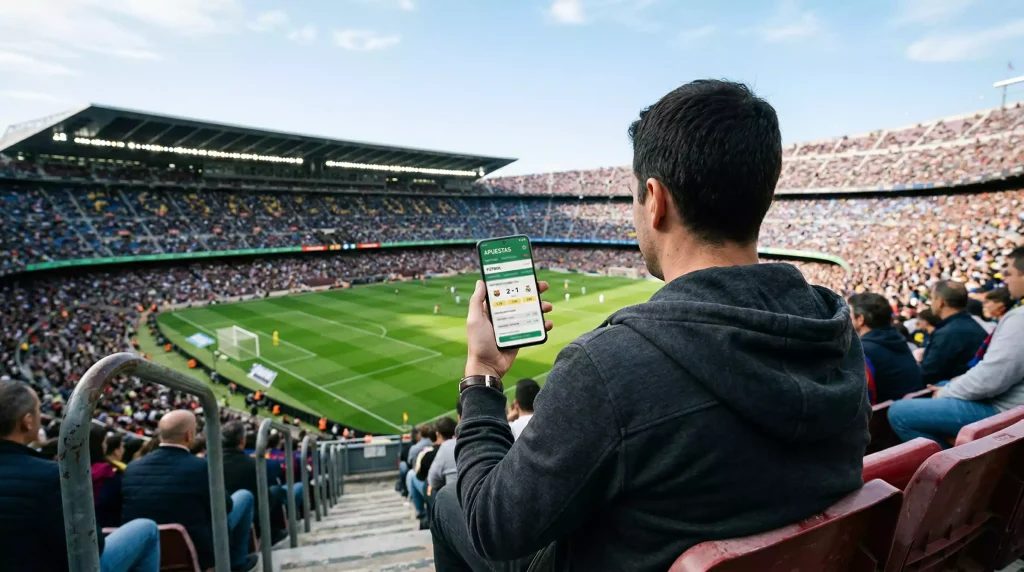 Aficionado español consultando cuotas de la Ligue 1 en su móvil desde la grada de un estadio de fútbol
