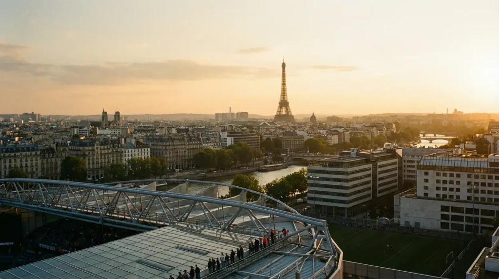 Panorámica de París con la Torre Eiffel al fondo y un estadio de fútbol en primer plano