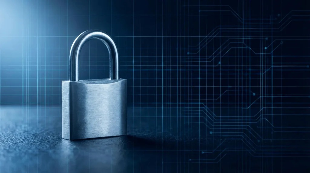 Candado de seguridad digital sobre un fondo oscuro representando protección de datos online