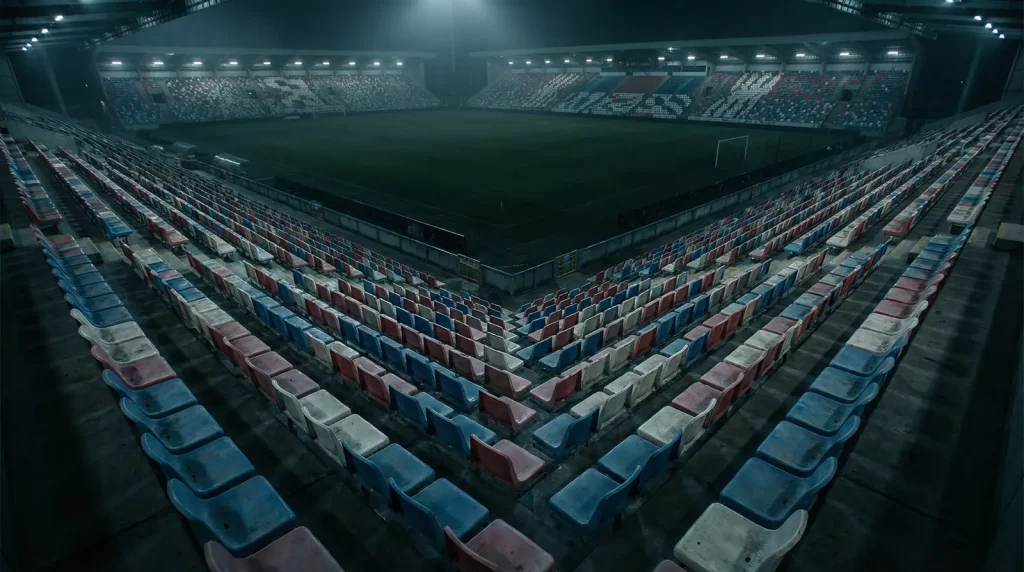 Gradas vacías de un estadio de fútbol con asientos de colores bajo luz artificial tenue