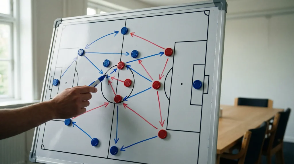 Analista revisando datos de la Ligue 1 en una pizarra táctica con un campo de fútbol de fondo