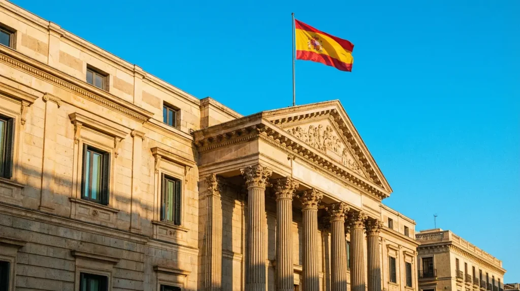 Fachada de un edificio institucional español con la bandera de España ondeando